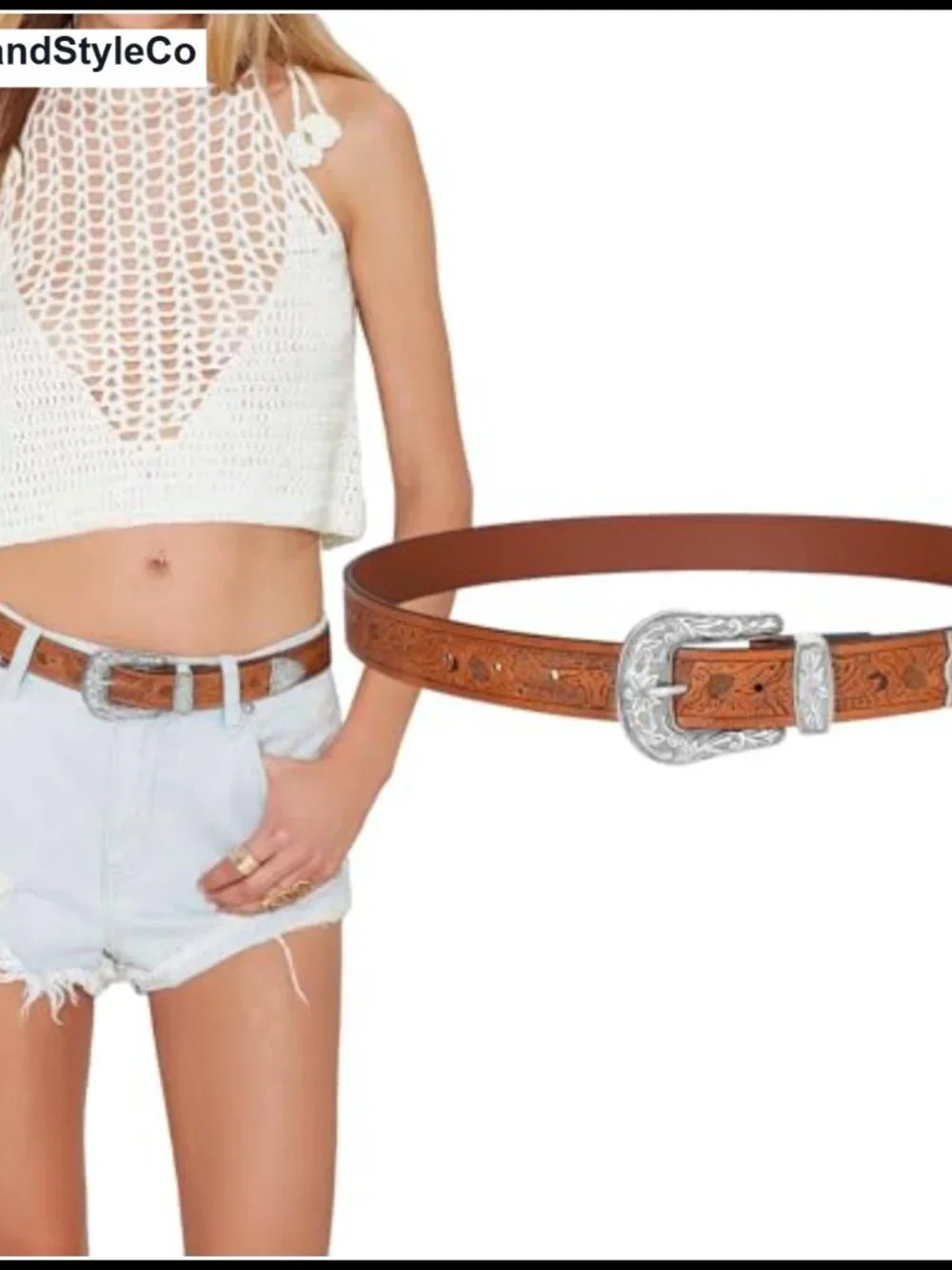 Vintage Western PU Leather Belt Floral Carved Buckle Cowgirl Waist Belt